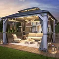 GARTOO 10x12 gray wood-frame gazebo with a vented double-top metal roof