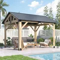 GARTOO 10x12 beige wood-frame gazebo with a sloped galvanized-steel gable roof