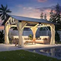 GARTOO 13x15 wood gazebo with gable roof, netting and privacy curtains included